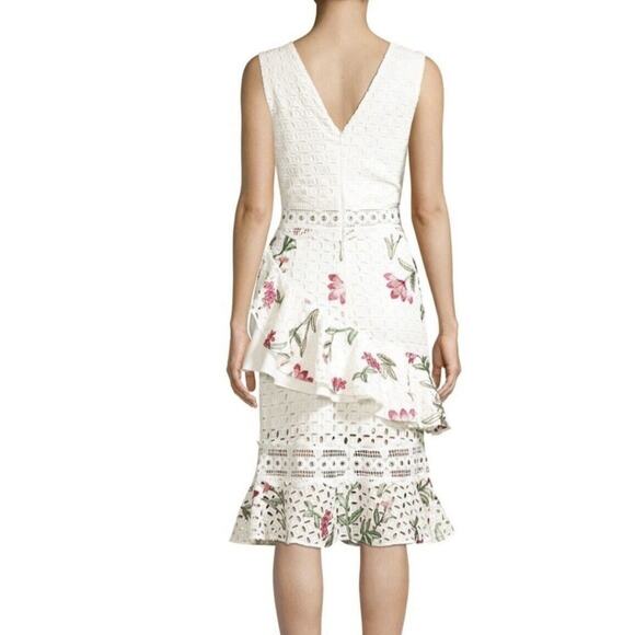 $750 PatBo Size Medium White Eyelet Floral Embroidery Asymmetrical Ruffle Midi - Picture 2 of 8